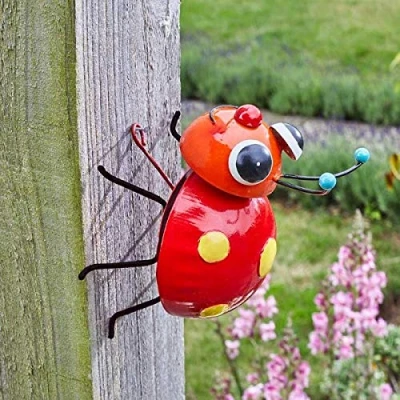 Image of Garden Mile® Novelty Hand Painted Steel Wall Decor Art Bug Butterfly Bee Sculpture Fun Outdoor Indoor Decoration Colourful (Large Crazee Ladybug)