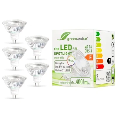 Image of greenandco® CRI 90+ MR16 GU5.3 LED Spot 5W Replaces 40W 400lm 3000K (Warm White) 38 Beam Angle 12V AC/DC Glass Body with Protective Glass, 5 Pack