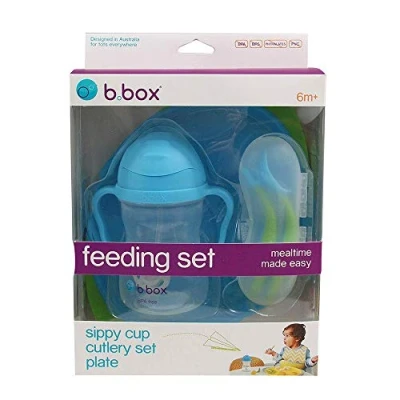 Image of b.box Silicone Feeding Set with Divided Plate, Sippy Cup, and 2 Cutlery Dishwasher Safe 3 Pieces Dinner Perfect for Self Training (Ocean Breeze)