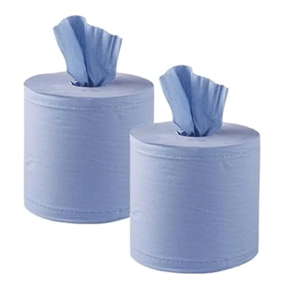 Image of 2 x Big 150m Blue ROLL Centrefeed Flat Sheet Centerfeed Paper Wipe Towel Tissue (Two Rolls)