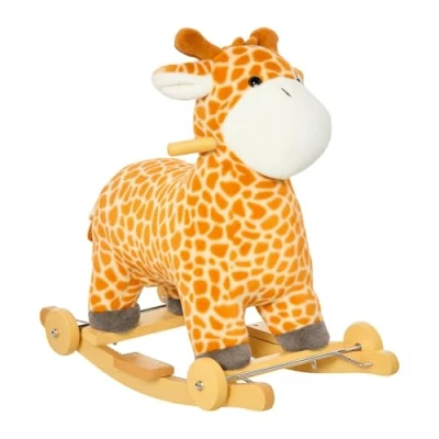 Image of HOMCOM 2 In 1 Kids Todder Rocking Horse Plush Ride On Giraffe Rocker with Wheels Wooden Base Animal Sounds for 3 6 Years