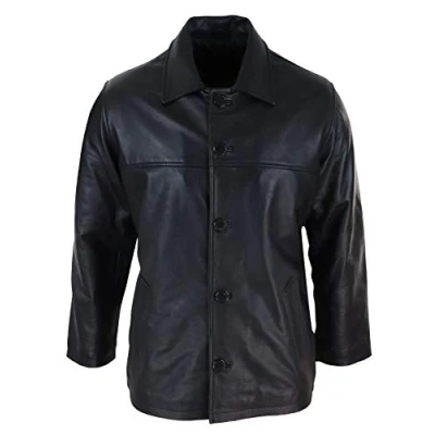Image of Mens Casual Real Leather Jacket Button Box Black Brown Mid Length Classic Coat XL