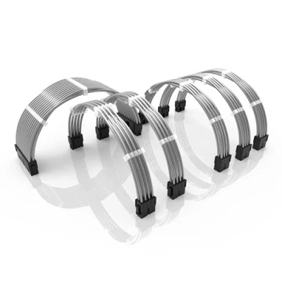 Image of LINKUP 30cm PSU PC Power Extension Cable Metallic Sleeved Silicone Coated Soft &amp; Flexible to Route Custom Mod GPU CPU w/Comb Kit┃1x 24P (20+4)┃2x 8P (4+4) CPU┃3x (6+2) GPU┃300mm Silver