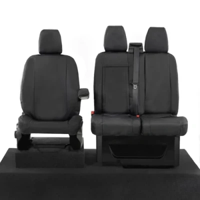 Image of UK Custom Covers To Fit Ford Transit Trail (2020 2023) Tailored Plain Leatherette Front Seat (Single/Double WITH Pull Down Tray) Black SC161BAD14