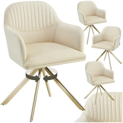 Image of TecTake® Set of 4 Velvet Dining Chairs with 360 Swivel Function, Thickly Padded Armchairs Stable Steel Legs, Non Slip Caps &amp; Quick Assembly Ideal Kitchen, Bedroom Desk Cream/Gold