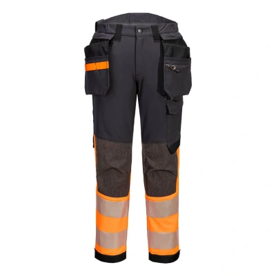 Image of Portwest EV442 Men&#039;s Hi Vis Work Trousers Slim Fit Stretch Fabric Workwear Utility Safety with Detachable Holster Pocket and Knee Pad Pockets Grey/Orange, 42