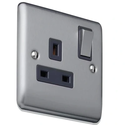 Image of Caradok 13A 1gang Switched Socket, Double Pole Brushed Chrome, Metal Switch, Grey Insert