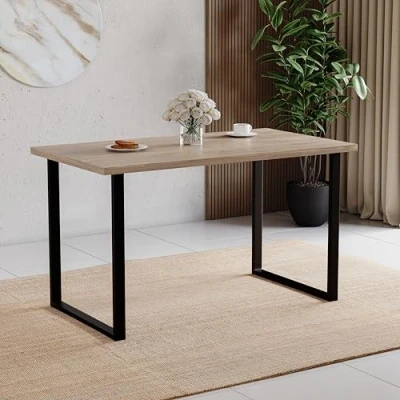 Image of Vida Designs 4 Seater Dining Table With Black Metal U Shape Legs, Modern Kitchen Room Furniture Unit, (Oak)