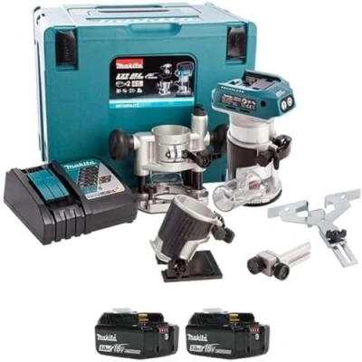 Image of Makita DRT50RTJX2 Li ion LXT Brushless Router/Trimmer Complete, Charger and 3 Base Options Supplied in a Makpac Case, 2 x 5.0 Ah Batteries, 18 V