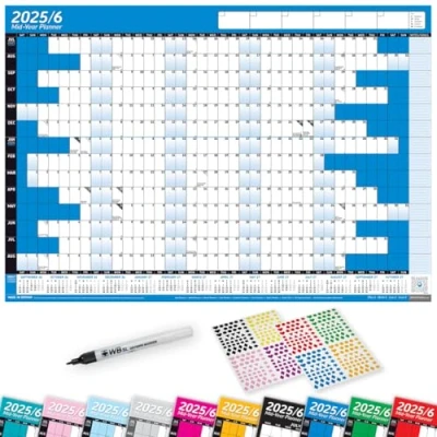 Image of 2025/26 Mid Year LAMINATED Academic Yearly Annual Office Home Wall Planner Calendar Chart With Pen And Stickers BLUE A1+ 62cm x 88cm (ROLLED)