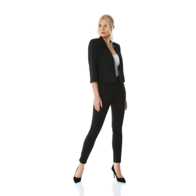 Image of Roman Originals Bolero Jacket for Women UK Ladies Shrug Tailored Rochette Suit Blazer Formal Wedding Guests Crepe Crop Stretch Smart Cover Up Office Work Slim Edge to Black Size 18