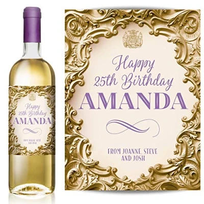 Image of TigerMill Publishing Personalised Gold Effect Wine Labels for Any Occasion or Event, Birthday, Wedding, Engagement, Anniversary, Hen Night, Christmas, Congratulations etc (Gold/Lilac Type)