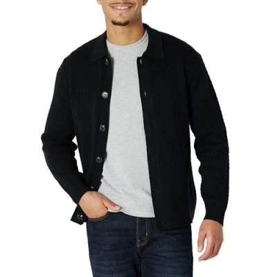 Image of Amazon Essentials Men&#039;s Relaxed Fit Collared Cardigan Jumper, Black, XS