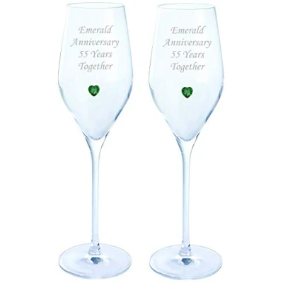 Image of Chichi Gifts Emerald Anniversary 55 Years Together Pair of Dartington Crystal Prosecco Glasses with Heart Gem