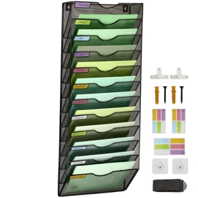 Image of IOUGDSEC 12 Tier Mesh Hanging File Organizer Vertical Wall Holder for Office School Home, Nametag Label Hooks Set Included