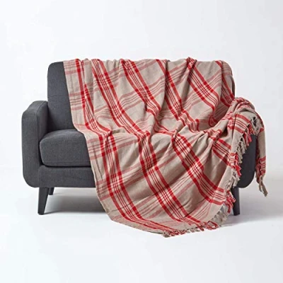 Image of HOMESCAPES Large Grey &amp; Red Tartan throw 90 x 100 Inches or 228cm 254cm, 100% Cotton Sofa for Most 3 Seater Settees and Sofas