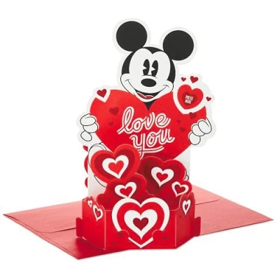 Image of Hallmark Valentines Card, Musical Day 3D &amp; Pop Up, Light Up Heart, Disney, Mickey Mouse, Gold, Pink, Blue, White