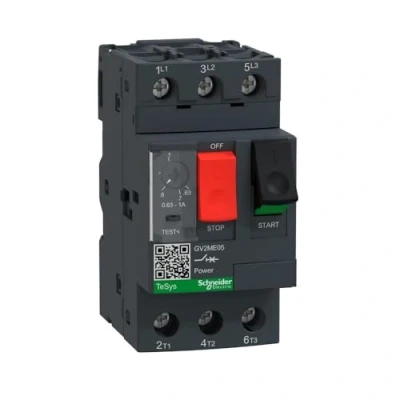 Image of Schneider Electric TeSys GV2 Motor Circuit Breaker, 3 Pole, 0.63 1A, Thermal Magnetic, Toggle Control, Screw Clamp Terminals, GV2ME05