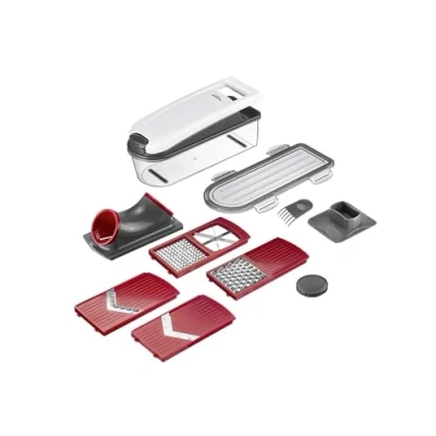 Image of Westmark Vegetable Slicer/Dicer with lid, collecting container and 5 cutting inserts, 12 piece set, stainless steel/plastic, Dicer Star Plus, white/transparent/red, 97112260