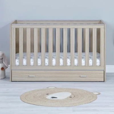 Image of Babymore Luno Nursery Cot Bed with Drawer Converts into a Toddler (With Drawer, Oak)