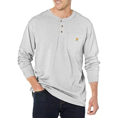 Image of Carhartt Men&#039;s Loose Fit Heavyweight Long Sleeve Pocket Henley T Shirt, Heather Grey, S