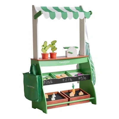 Image of Teamson Kids Wooden Farmer&#039;s Market Stand, Pretend Play Grocery Store with Food, Scales and Vegetables, Educational Role Toy Set, Green