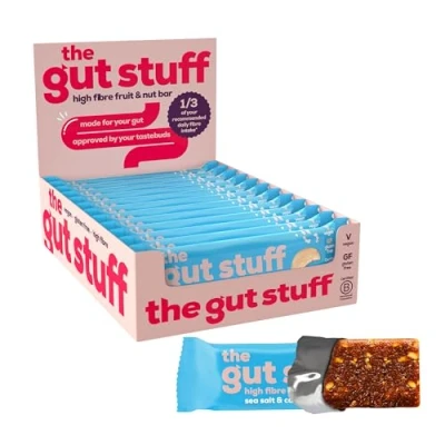 Image of The Gut Stuff High Fibre Fruit &amp; Nut Bars Friendly Snack, Gluten Free, Vegan, Low Calorie Sea Salt Caramel, 12 x 35g Box