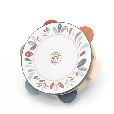 Image of Speedy Monkey Wooden Tambourine Soft Sound, Blue Ribbon &amp; Decorated Drum Head FSC Certified Wood Baby Musical Instrument 1 Year Old Girl Gifts, Toddler Toys Develop Rhythm Awareness