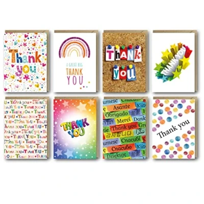Image of Thank You Cards Multipack of 32. Each Greeting Pack includes 8 Colourful designs. 105 x 148mm. Blank Inside. Envelopes included. Made in UK.