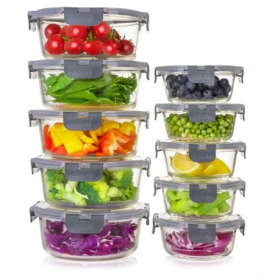 Image of Igluu Meal Prep Round Glass Containers with Lids Airtight Food Storage Reusable Microwave, Freezer to Oven Safe BPA free Lunch Box (10 &amp; 10 Lids) 950ml 400ml