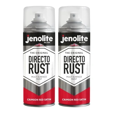 Image of JENOLITE Directorust Spray Paint Satin Finish CRIMSON RED 2 x 400ml Direct To Rust for Metal All In One Multi Surface Metal, Wood, Plastic, Ceramic RAL 3027