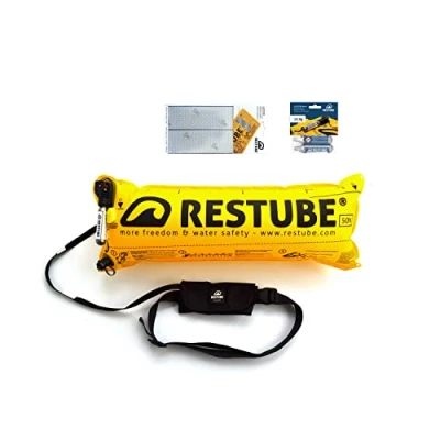 Image of Restube BEACH Float Buoyancy Aid Starter Bundle Includes One Pull Inflatable Water Safety Buoy, 2 Replacement CO2 Cartridges and Waterproof Reflective Tape, Jet Black, Small