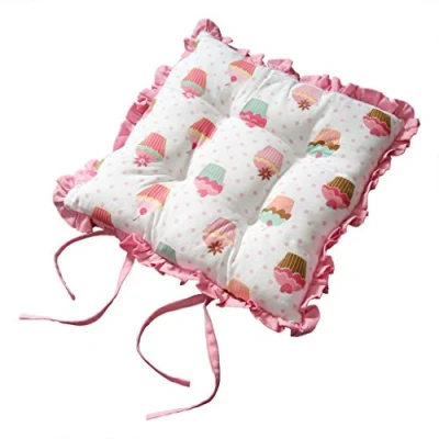 Image of HOMESCAPES Reversible Frilled Tie on Seat Pad 40 x 40cm Cup Cakes Design Chair Cushion with Ties and Ruffles