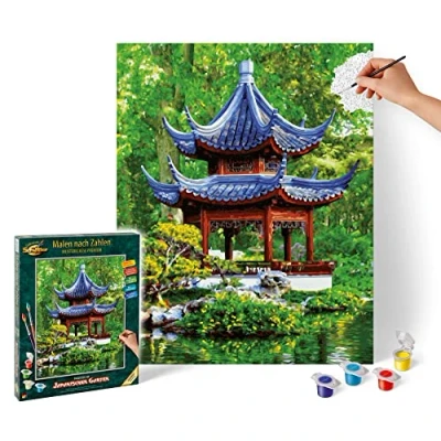 Image of Schipper 602100455 Pagode im Japanischen Garten Natural Numbers Pagoda in Japanese Garden Pictures for Adults, Includes Brush and Acrylic Paints, 40 x 50 cm, Multicoloured, 40x50 cm