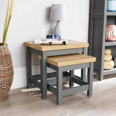 Image of Home Source 2 Coffee Occasional Side End Tables Dark Grey Oak Nested Set, MDF