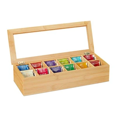 Image of Relaxdays 10032113 Tea Box, 12 Compartments, Organiser Chest, H x W D: 9 41 16 cm, Bamboo, Natural, Plastic