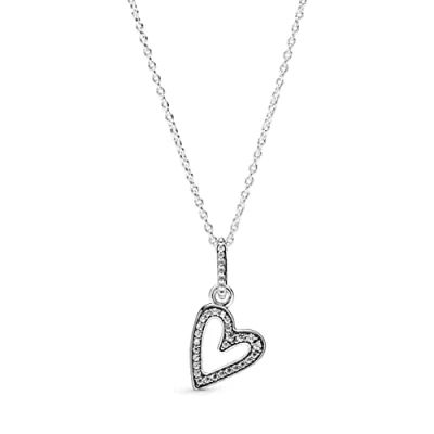 Image of PANDORA Moments Women&#039;s Sterling Silver Sparkling Freehand Heart Pendant Necklace, 50cm, No Box