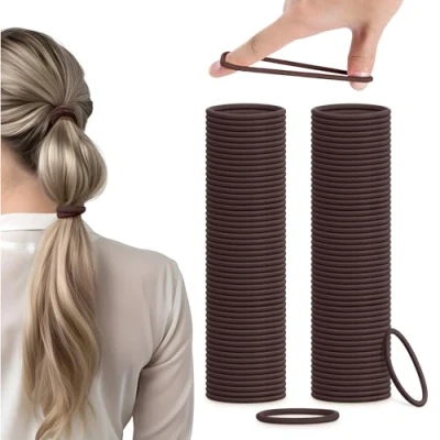 Image of H&amp;S Hair Bands for Women 100pcs x 4mm Non Metal Bobbles Thick and All Types Elastic &amp; Seamless Ponytail Holders No Damage Ties also Men Brown
