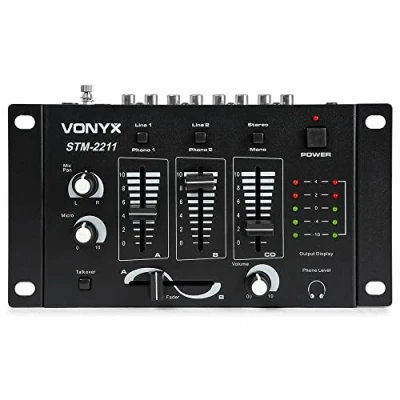 Image of VONYX STM 2211 4 Channel DJ PA Mixer with Crossfader Talk Voice Over Switchable Microphone Line Source Input Mixing Compact Rack Mountable