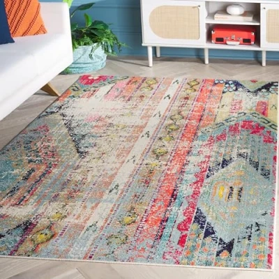 Image of SAFAVIEH Boho Chic Teppich für Wohnzimmer, Esszimmer, Schlafzimmer Monaco Collection, Kurzer Flor, Multi, 155 X 231 cm