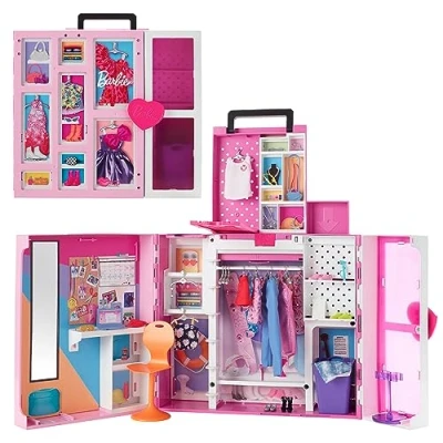 Image of Barbie Closet Playset with 35+ Accesories, 5 Complete Looks, Pop Up 2nd Level, Full Length Mirror, Laundry Chute, Dream Closet, HBV28
