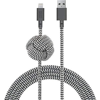 Image of Native Union Night Cable 10ft Ultra Strong Reinforced [MFi Certified] Lightning to USB Charging with Weighted Knot Compatible iPhone 14, 13 and Earlier(Zebra)