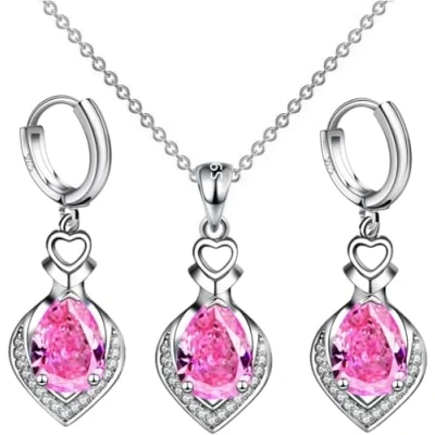 Image of FDEETY Jewelry Set for Women Rhinestone Crystal Pendant Necklace Earrings Hypoallergenic Anniversary Birthday Party Gifts (Pink)