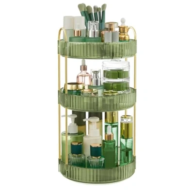 Image of SONGMICS Makeup Organiser Rotating, 3 Tier Round Skincare Organiser, Customisable, Toiletries Cosmetics Gift, Pale Green JKA011C01