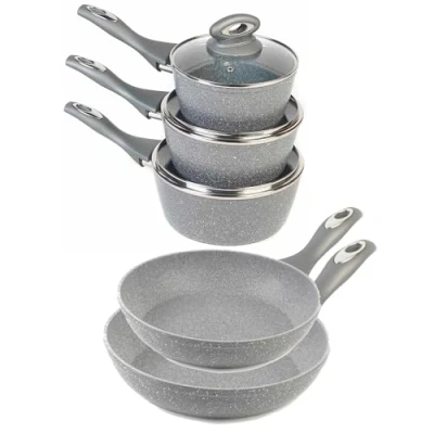 Image of Salter COMBO 6440 Pot &amp; Pan Set 5 Piece Non Stick Cookware, Induction Hob Suitable, 20/24cm Frying Pans 16/18/20cm Saucepans with Lids, Kitchen Cooking Set, Soft Grip Handles, Marblestone, Grey