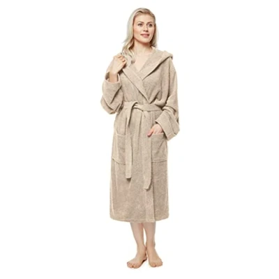 Image of Arus Women&#039;s bathrobe with hood, calf length, 100% cotton terry, women`s size: M, unisex S Latte