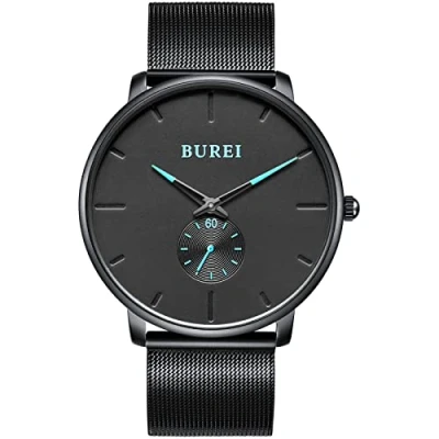 Image of BUREI Mens Watch Ultra Thin Black Large Face Blue Pointers Analog Quartz with Stainless Steel Mesh Band