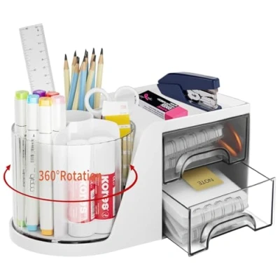 Image of Desk Organizer with Drawer,Rotating Pen Holder,Desk Organisers Accessories,Versatile Tidy, Makeup Brushes Organizer,Vanity Table,Desktop Stationery Box Storage for Home Office Supplies