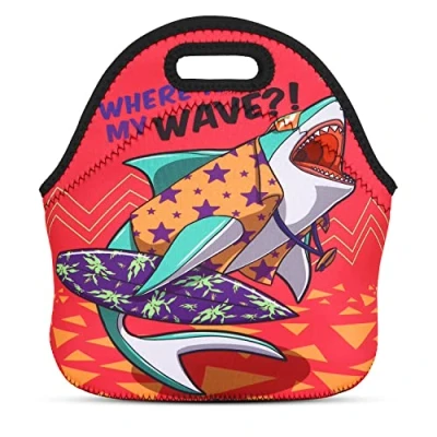 Image of JIMOWANG Pink Shark Cute Neoprene Lunch Bag Reusable Box Insulated Bags Tote Cartoon Thermal Picnic Waterproof Handbag