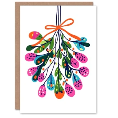 Image of Wee Blue Coo Greeting Card Abstract Mistletoe Sprig Bright Colourful Modern Blank For Him Or Her Art Xmas Christmas